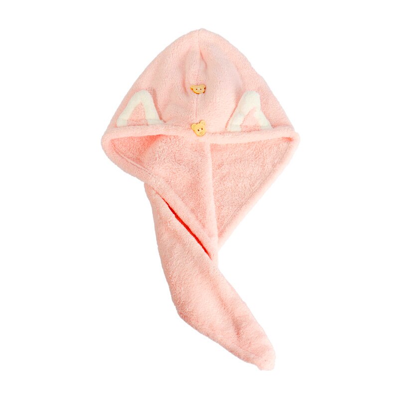 Quick Dry Hair Towels Women And Child Cute Cat Ear Super Absorption Thicker Microfiber Turban Towels With Bear Buttons: Adult Pink