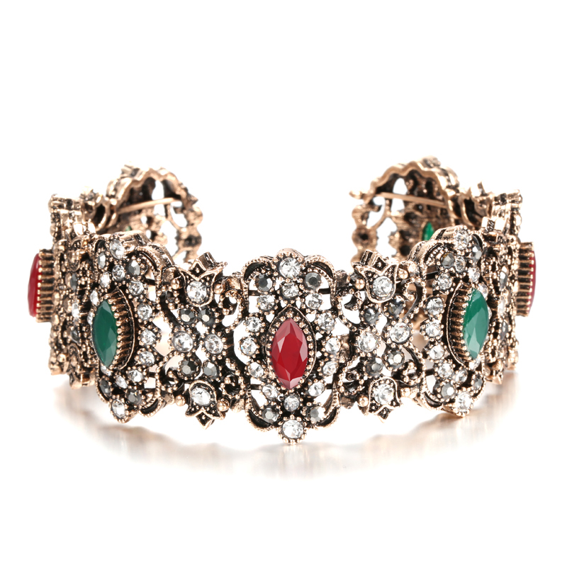 Wbmqda vintage grå krystal armbånd boho antik guld justerbare brede manchet armbånd til kvinder erklæring smykker fest: Rødgrøn