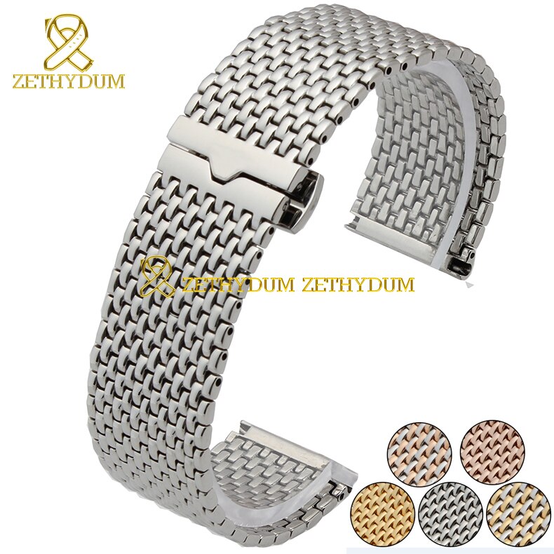 Fino sólido aço inoxidável pulseira assista bracelete banda de metal relógios de pulso em ouro rosa pulseira de prata cinto butterfly clasp 22mm