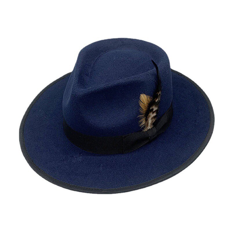 Men Women Retro Adjustable Blue Wool Blend Classical Homburg Hats Feather Band Fedora Caps Trilby Sunhat Jazz Winter Warm LM32