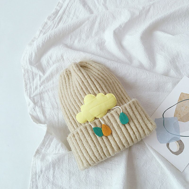Herfst winter baby mutsen kinderen jongens meisjes mooie wolken gebreide muts effen kleur warme mutsen: Ivoor