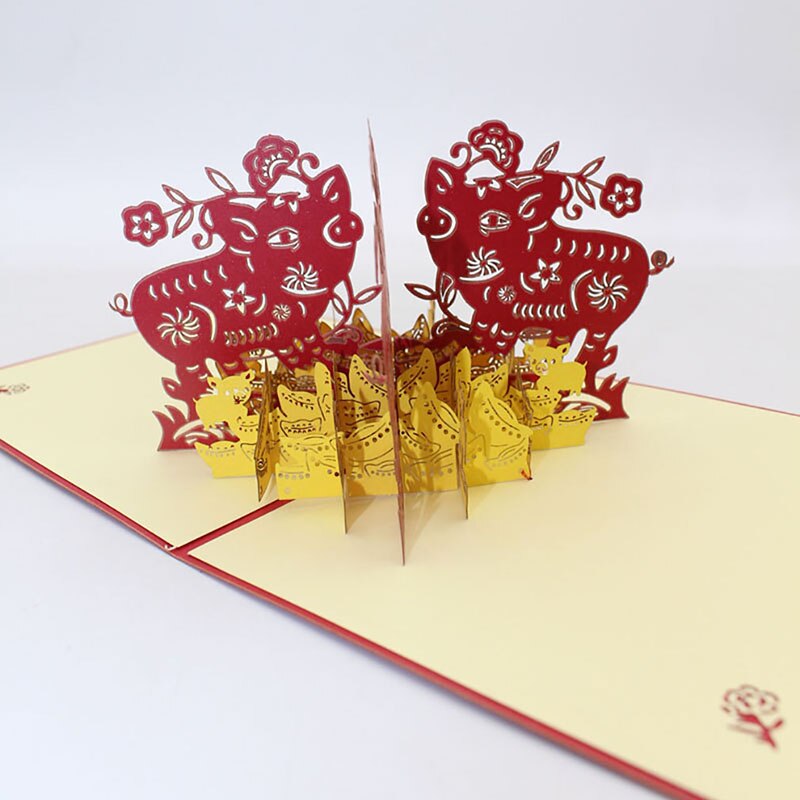 Gelukkig Nieuwjaar 3D Stereoscopische Hollow Rode Dubbele Pig Festival Zegen Verjaardag Wenskaarten Met Envelop Business Postkaart