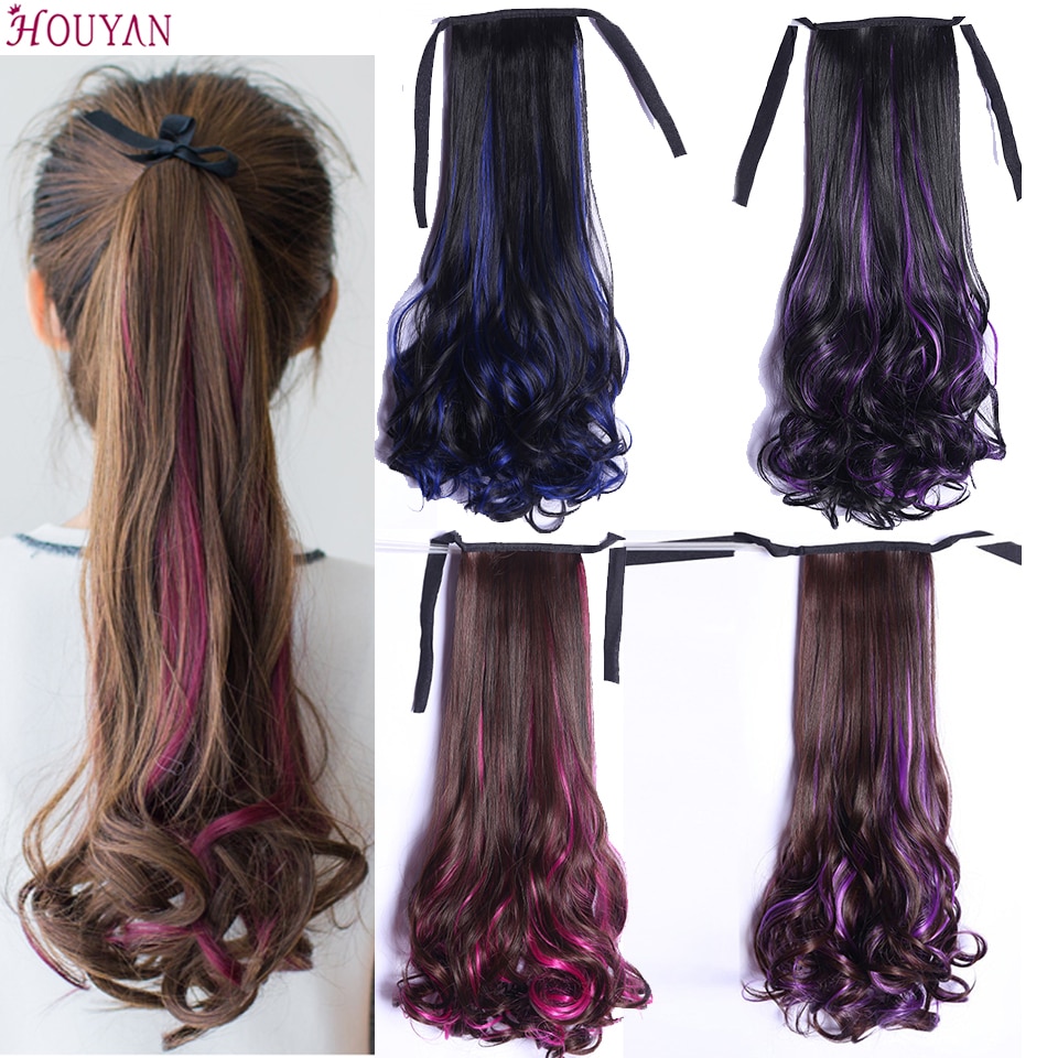 HOUYAN Gluelesss Long Curly Hair Ponytail in Gradient color Big Wave Curl Braid Dye Piece Bandage Style Hair Extension