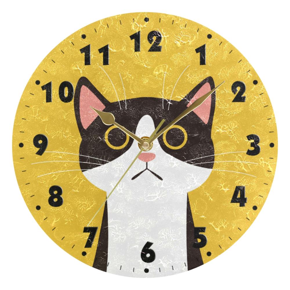 25cm Round Cat Face Hanging Wall Clock DIY Non Ticking Silent Wall Watch for Living Room Quiet Desk Clock Relogio De Parede: Item 3 Gold Needle