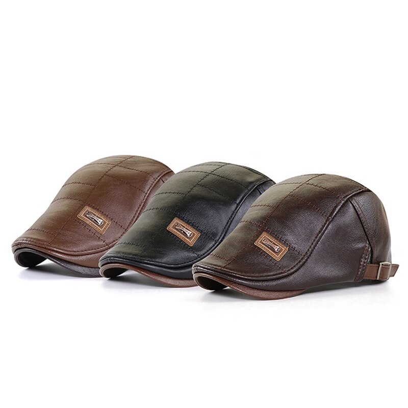 Boina plana de cuero para hombre, gorro cálido, ajustable, Retro, , Otoño e Invierno