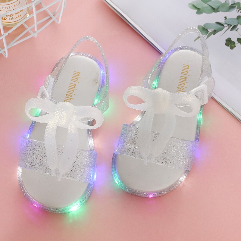 Meisjes sandalen met strik, led-licht sandalen, zomermeisjes gelei lichtgevende schoen, antislip kinderstrandsandalen, peutersandalen, prinsessen: Wit / 27