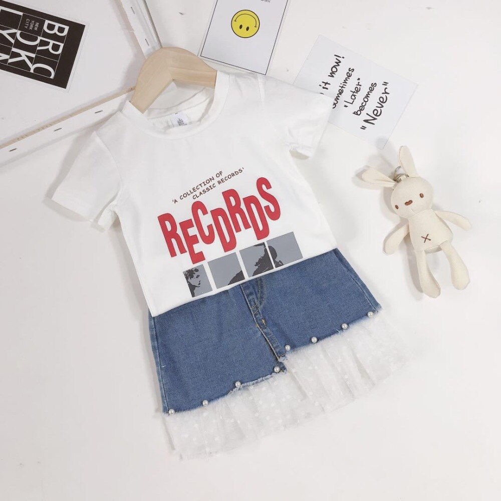 Piger nederdel jeans koreansk baby pige blonder syning jeans nederdel børn denim halvlang nederdel til piger perle nederdel 2-8 år