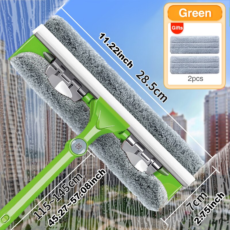 Cepillo de limpieza de mango largo, limpiador de ventanas, escurridor de vidrio, varilla telescópica, herramienta de limpieza de vidrio de doble cara para el hogar con paño: Small Green