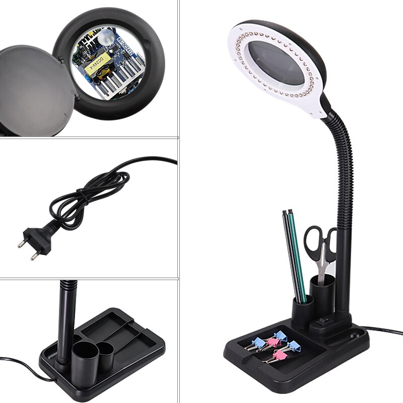 Fleksibel 5x /10 eu us stik 40 led lys forstørrelsesglas oplyst lup lampe lup læse/omarbejde/lodde bordlampe