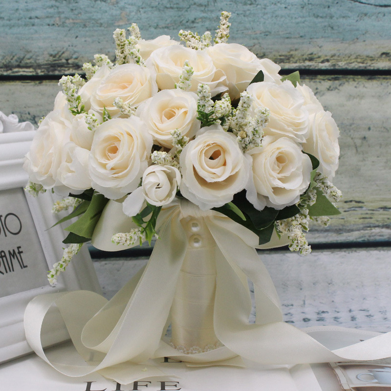 Braut Brautjungfer Hochzeitsstrauß Weiße Seidenblumen Rosen Handgemachte künstliche Braut Mariage Blumenstrauß Hochzeitsaccessoires