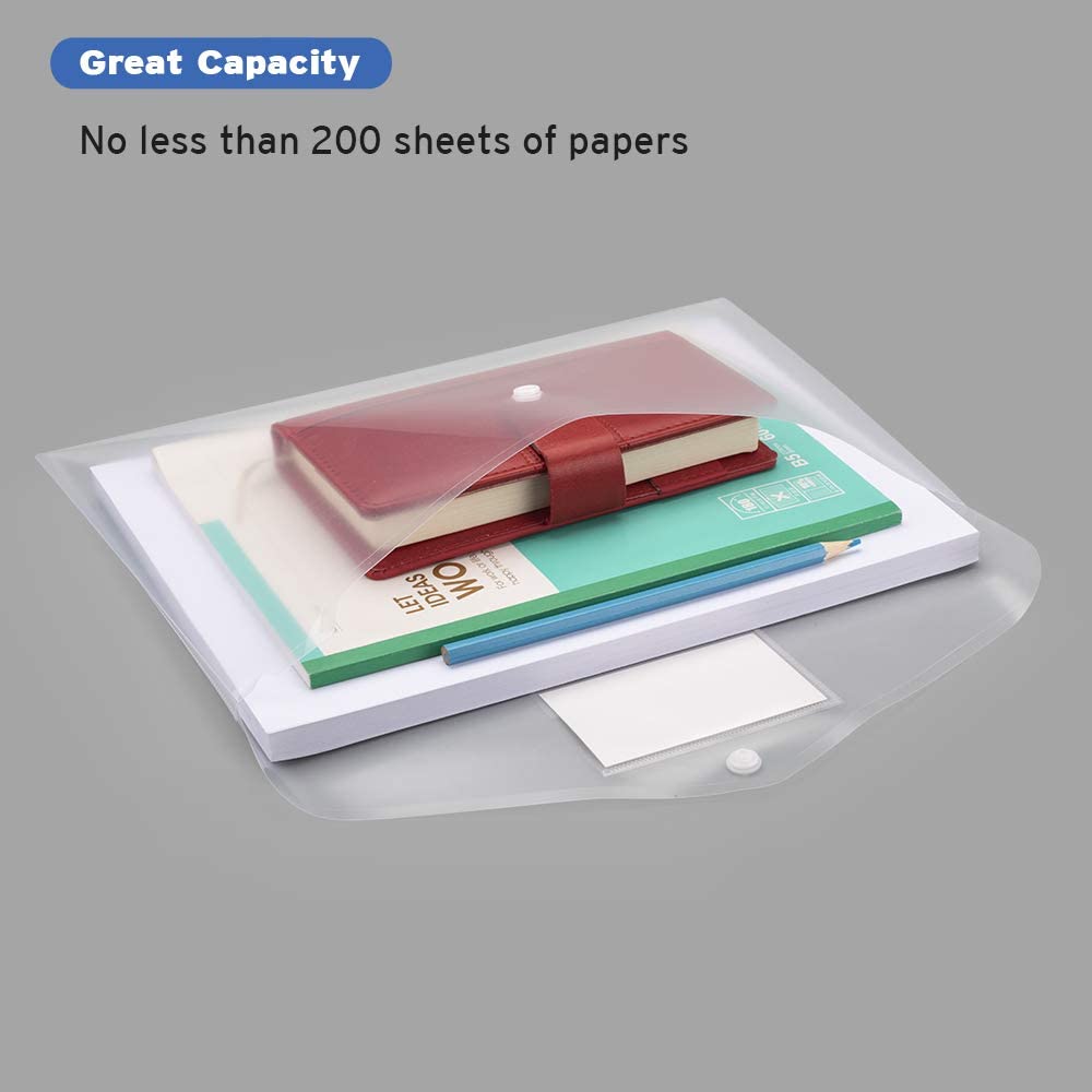 A4 Size Transparent File Envelopes with Label Pocket, Snap Closure Clear Filing Envelopes for School/Home/ Office Organization
