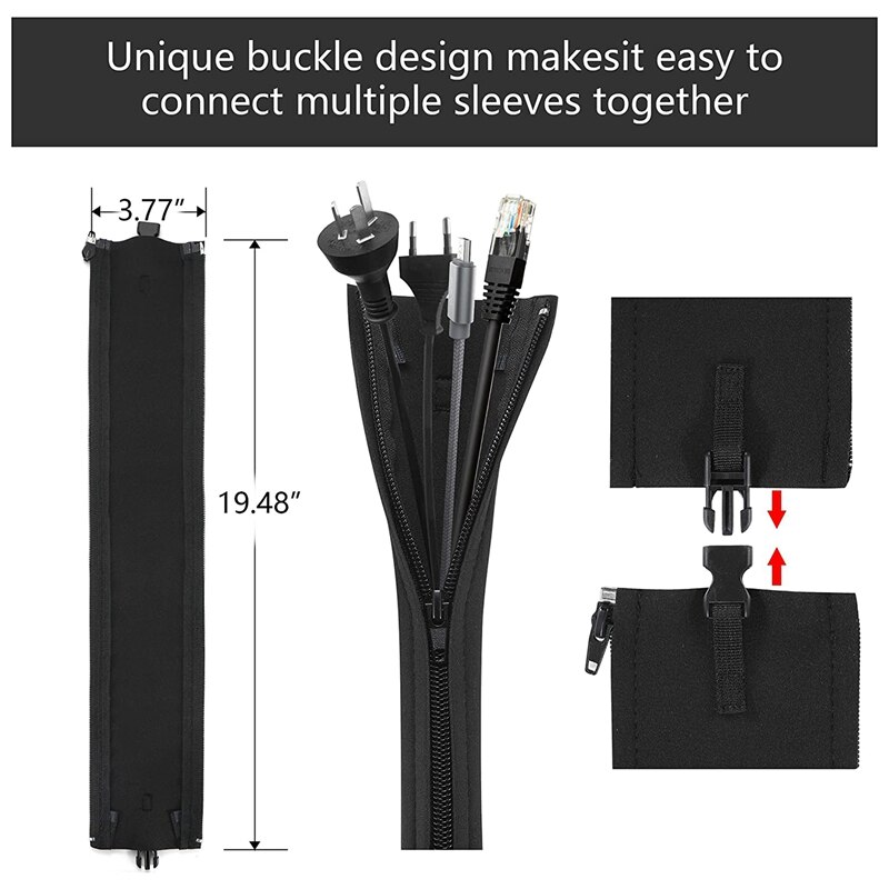 126Pcs Cord Management Organizer Kit Cable Sleeve with Zipper Cable Management Sleeve for TV Office Home Etc (Black)