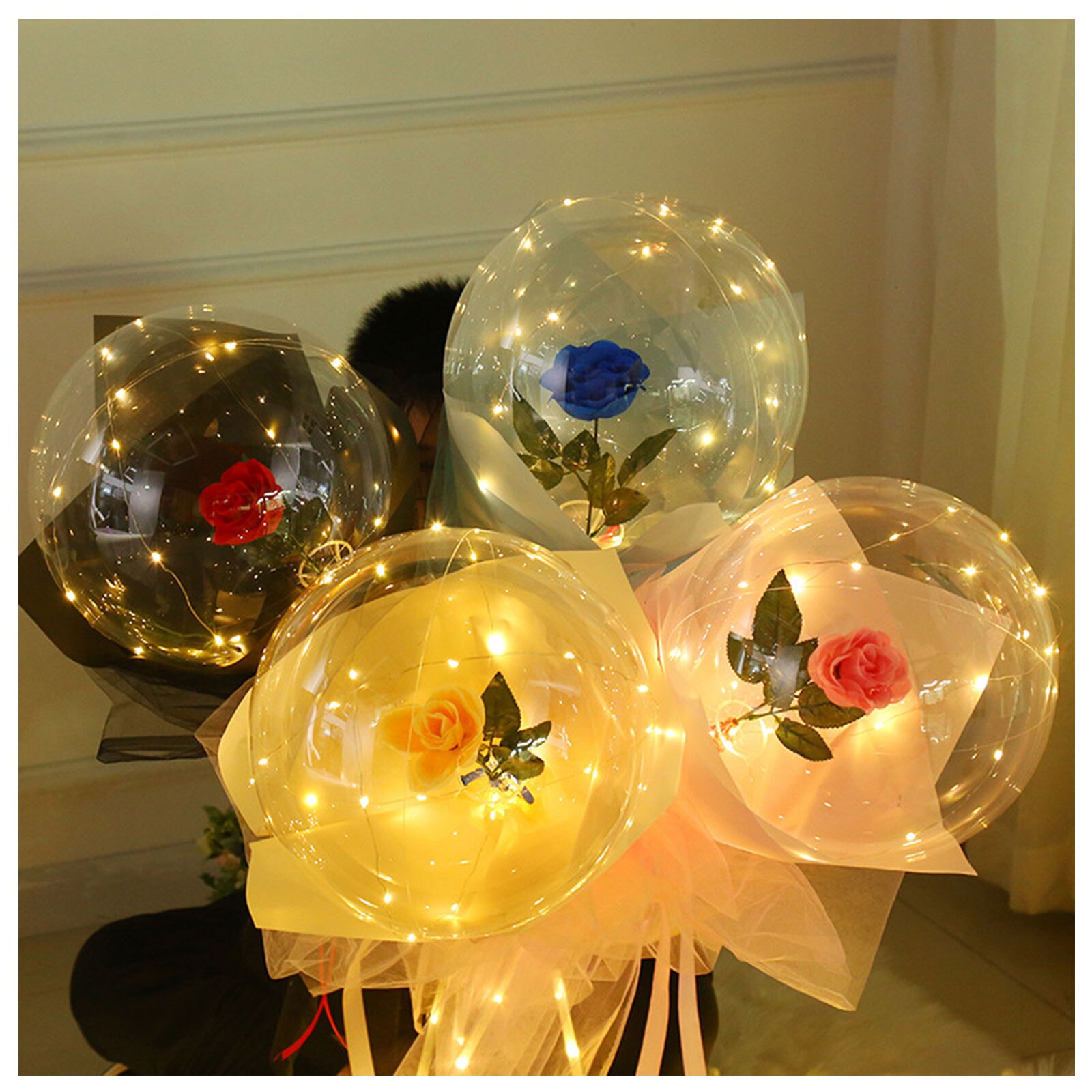 Ballon Led avec poignée et bâtons, lumineux, Transparent, pour Bouquet, décorations de fête d'anniversaire, de mariage