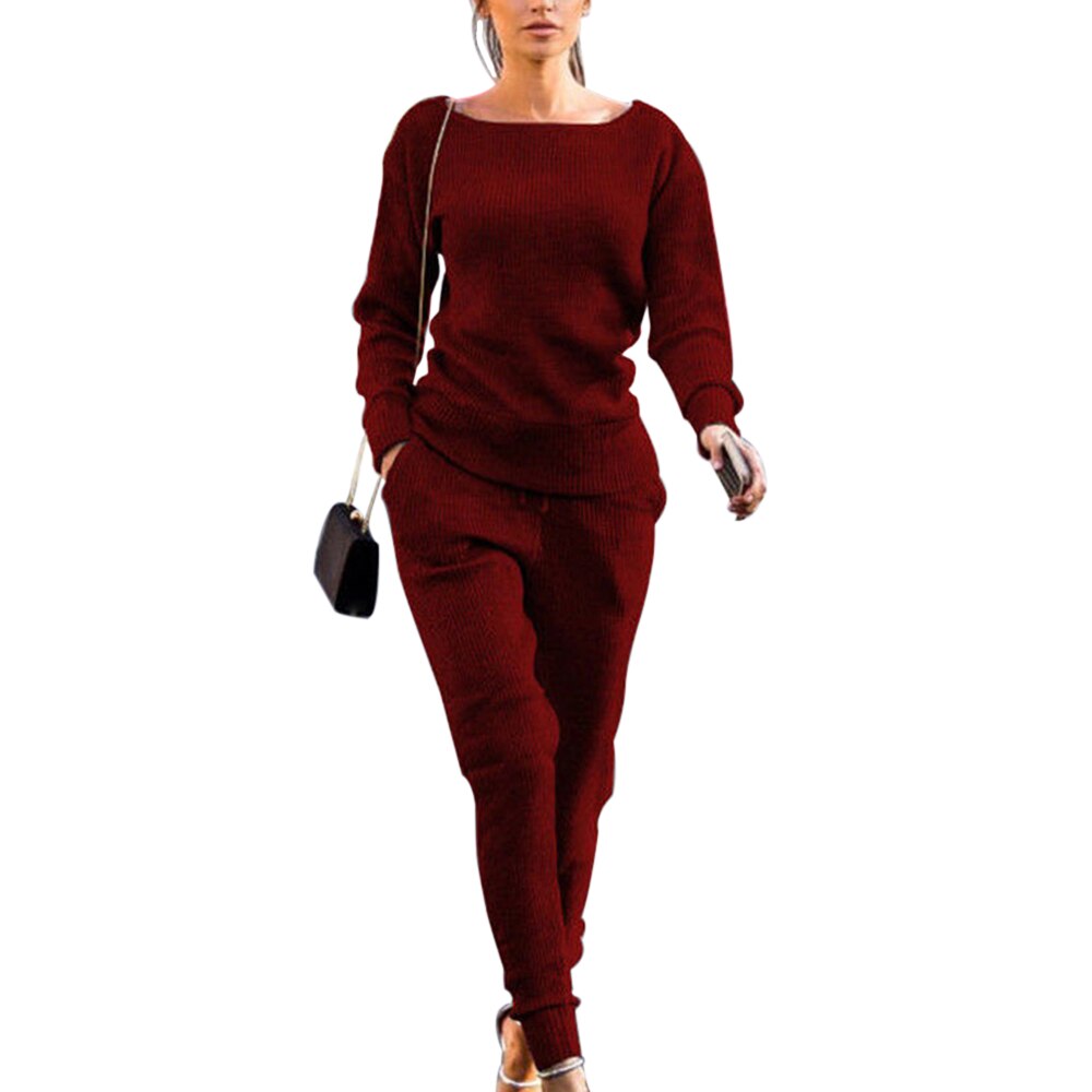 Vertvie 2Pcs Lange Mouwen Sport Sets Dagelijkse Slijtage Casual Losse Trainingspakken Vrouwen Sweatshirts Effen Broek Past Vrouwelijke: Wine red / L