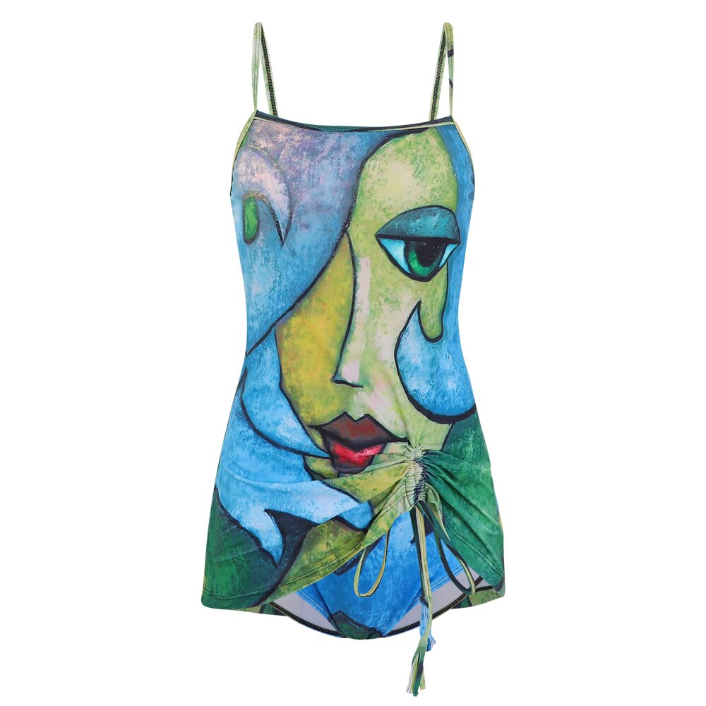 Longer Length Tankini with Shorts Women Big Mouth Printed Padded Ruched Drawstring Tassels Tankini