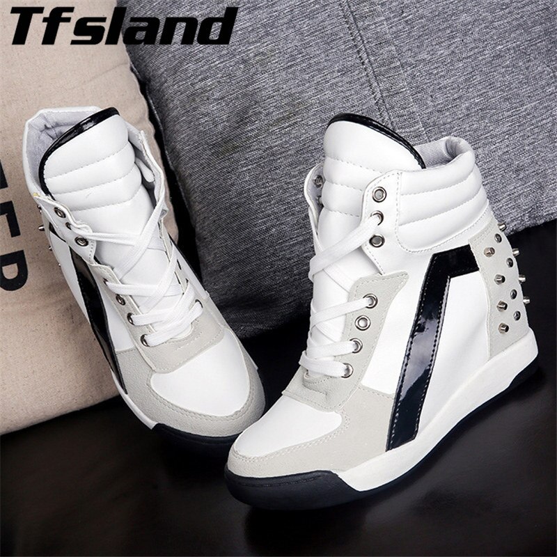 Autumn Women Height Increasing Platform Shoes Women Breathable Patchwork Wedge Shoes Rivet High Top Walking Shoes Sneakers: white women shoes / 35