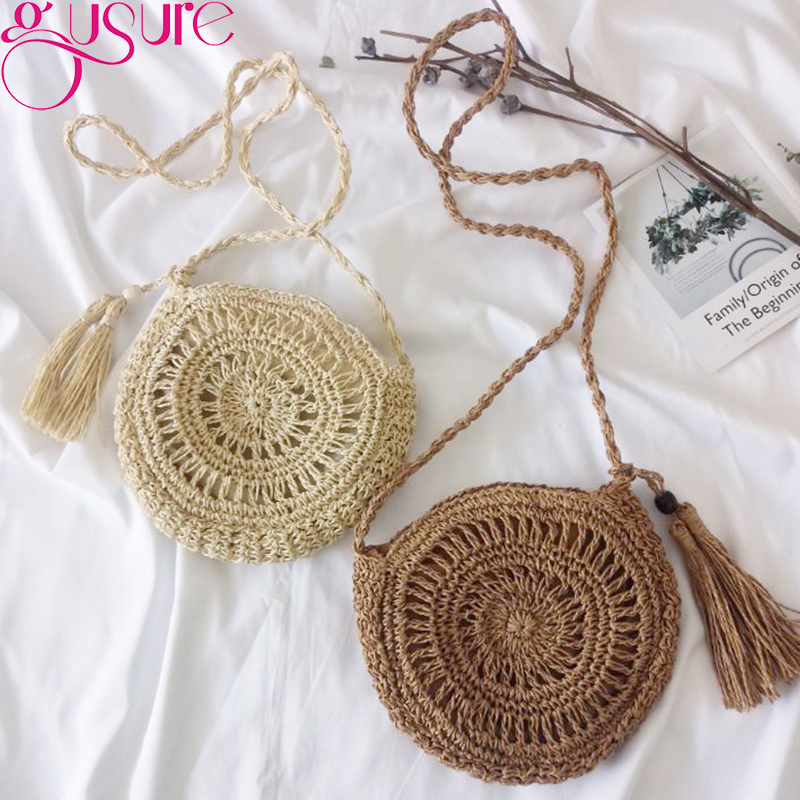 Gusure Rotan Hollow Geweven Ronde Vrouwen Stro Crossbody Tas Gebreide Zomer Strand Kwastje Handtas Vrouwelijke Kleine Schouder Tas