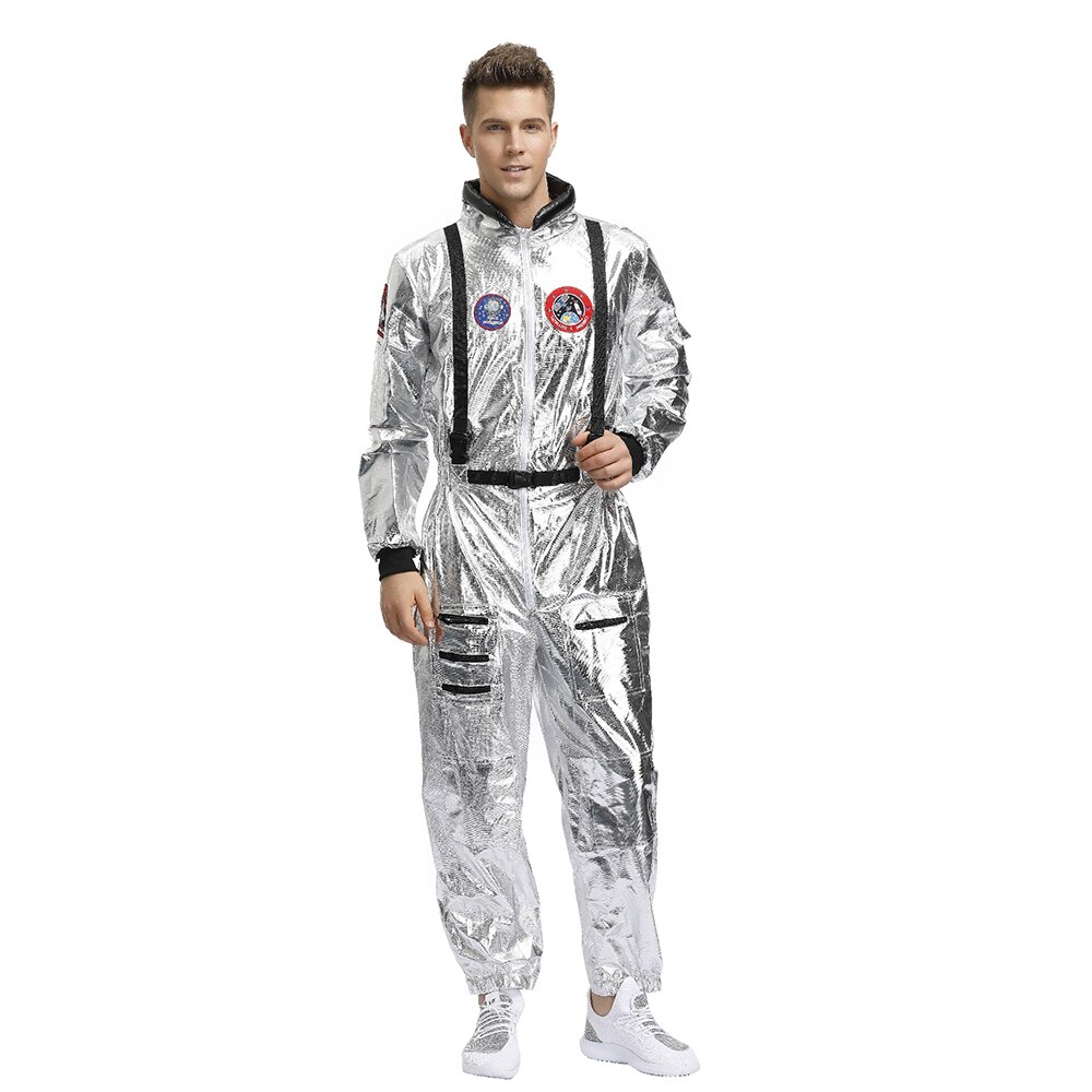 Plus size astronaut utomjordisk rymdman kostym vuxen kvinnor silver pilot outfit halloween dräkt i ett stycke jumpsuit