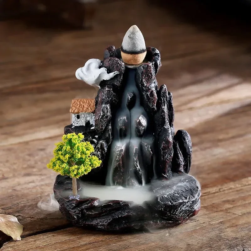 Quemador de incienso montañas río cascada fragancia chimenea reflujo Aroma humo Zen incensario titular decoración para el hogar: Borgoña