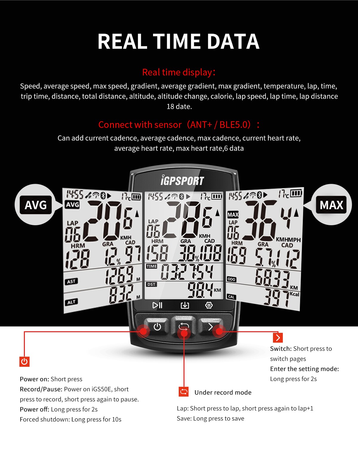 IGPSPORT IGS50S Bike Computer Stopwatch IPX7 Waterproof ANT Bluetooth 4.0 GPS Bike Digital Support