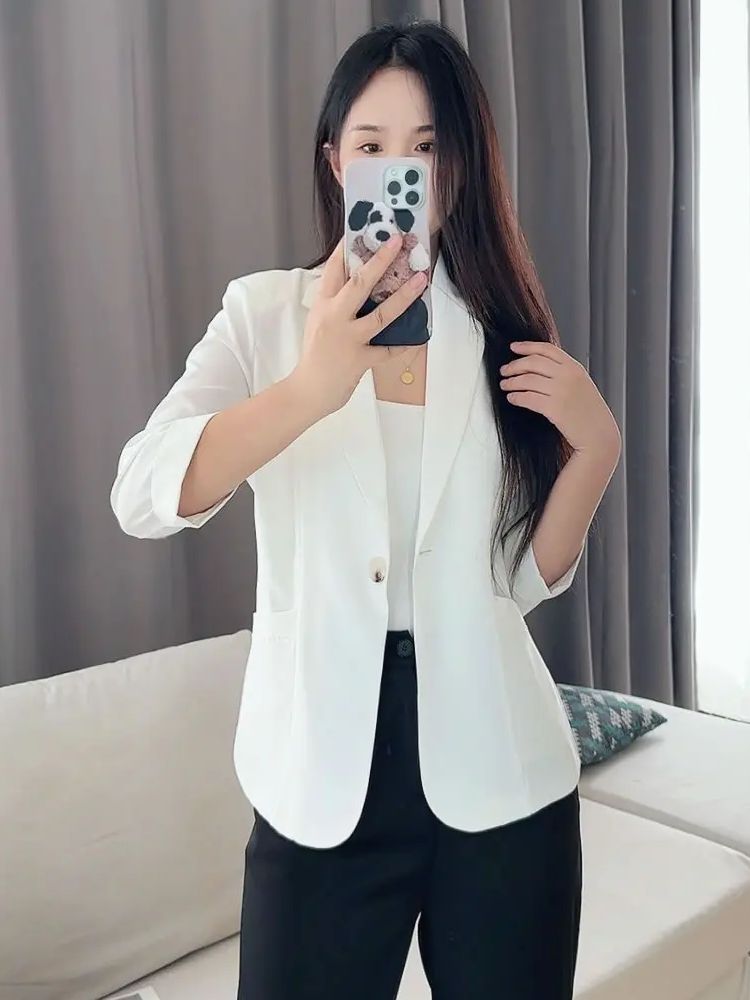 Lente En Zomer Nieuw Casual Klein Pak Voor Dames Trendy Westerse Stijl Driekwart Mouw Gesp Jas Dun En Comfortabele Top