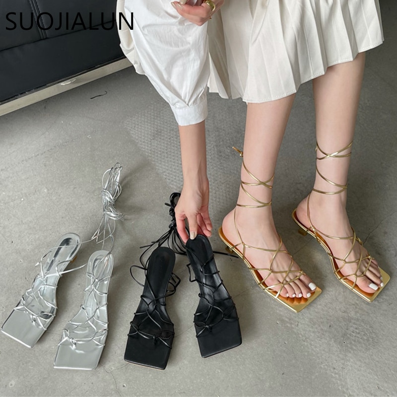 SUOJIALUN Women Sandals Thin Low Heel Lace Up Rome Sandal Summer Gladiator Casual Sandal Narrow Band Shoes Big Size 40