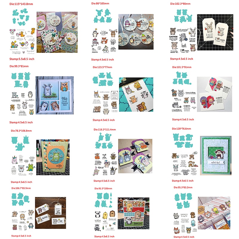 Ensemble d'animaux drôles de petits monstres assortis aux mots tampons et matrices en silicone transparents pour le scrapbooking et la fabrication de cartes d'album photo diy
