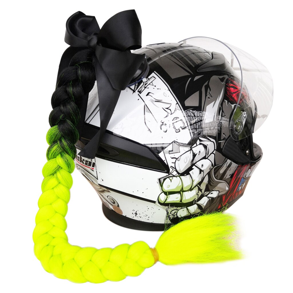 Casco coda di cavallo trecce trecce capelli con Bowknot ventosa rimovibile per moto bici bicicletta ciclismo motociclisti motociclisti pattinare: nero Fluorescence