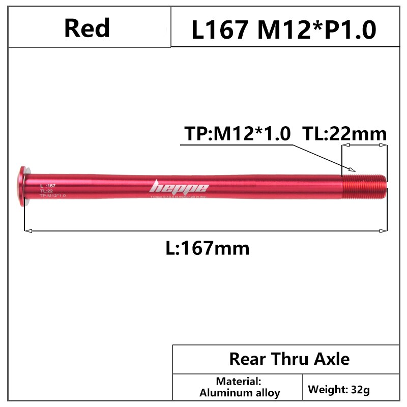 HEPPE-eje pasante para bicicleta de montaña, brochetas de eje trasero, 12x142, 12x148, liberación rápida, 167mm, M12xP1.0, multicolor: Red Color