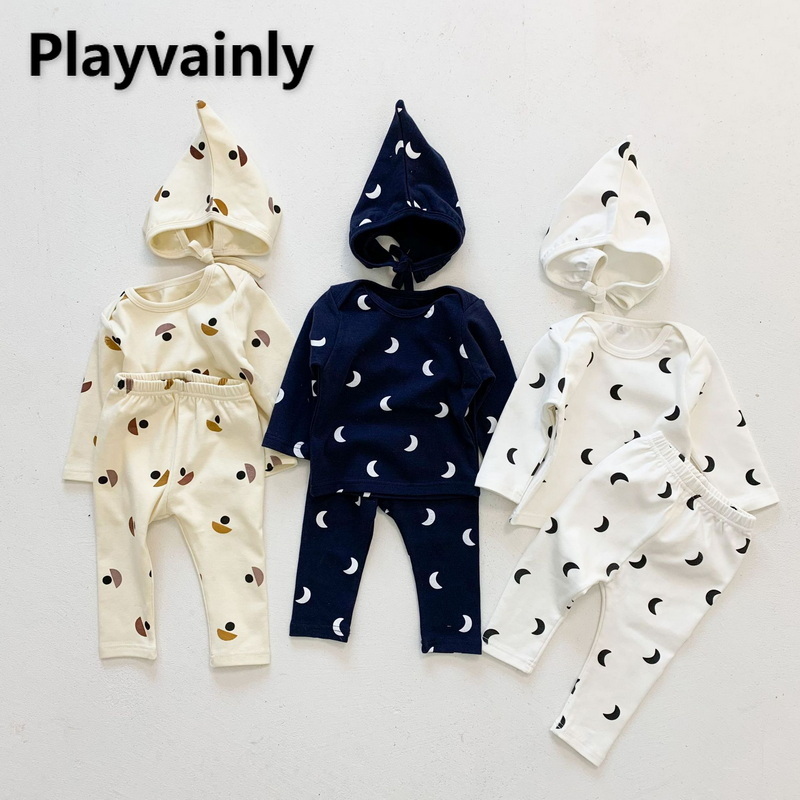 2022 Spring Baby Girl Boy Pajamas 3pcs Sets Long Sleeves Cotton T-shirt+Pants+Cap+Cap Newborn Sleepwear Kids Homewear E3633