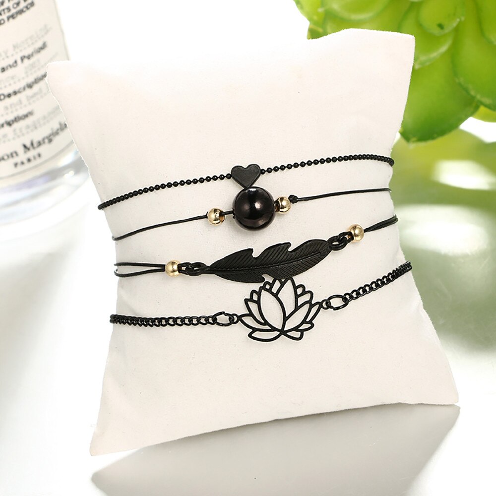 Böhmen Blatt Knoten Hand Manschette Kette Charme Armbinde Schwarz Liebe Herz Durchbrochene Lotus Ball Blätter Armbinde 4 teile/satz FB