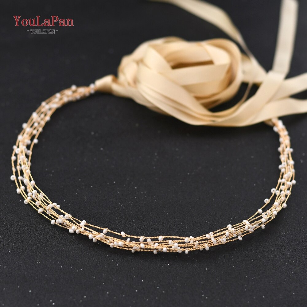 TOPQUEEN, SH28-G, cinturones de novia dorados, faja con cuentas para boda, vestido de , accesorios de boda, cinturón delgado para mujer,: Champagne ribbon