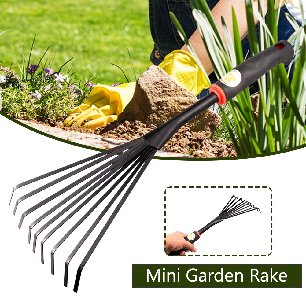 Garden Rake 16inch 9 Claw Leaf Rake dead leaf Rake Root Cast Iron Tool With Ergonomic Grip Yard Hand Fan Garden Rake Small