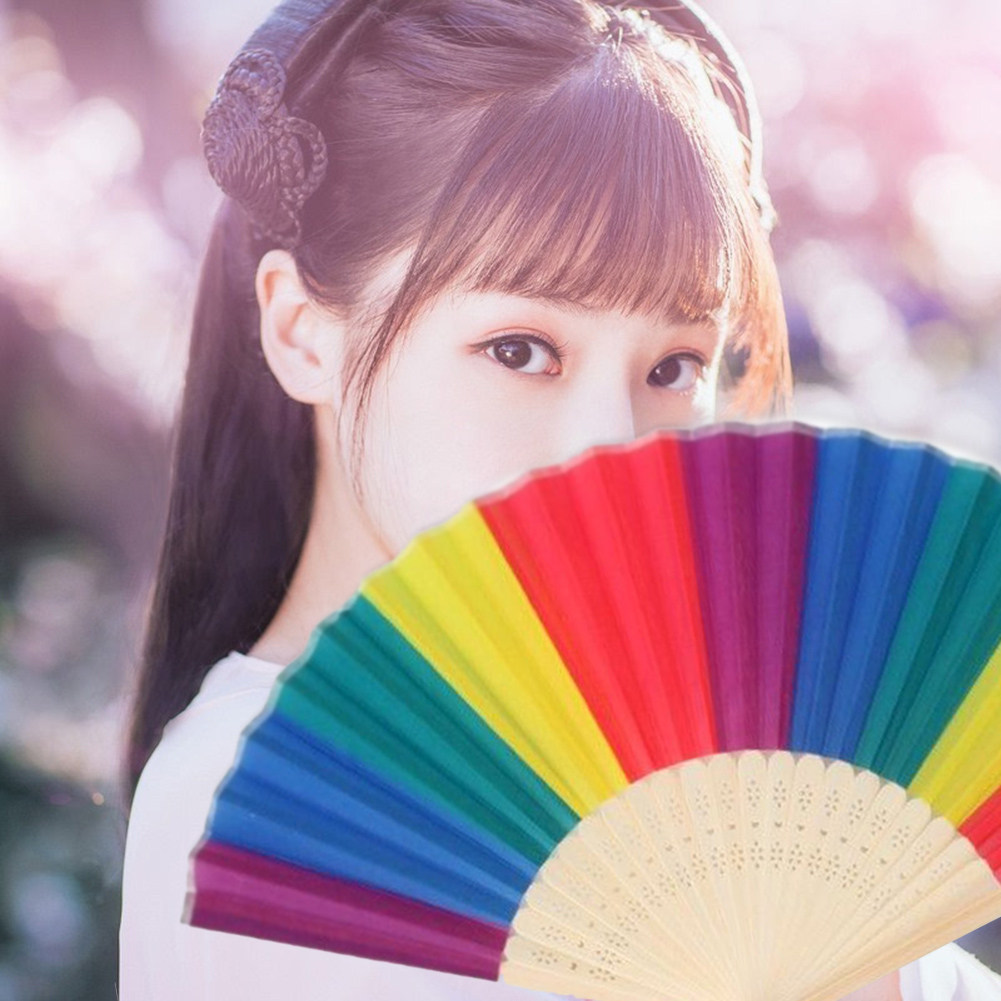 7 Inch Regenboog Doek Vouwen Fan Dansen Hand Fan Zomer Cooling Fan Voor Wedding Party Home Decoration