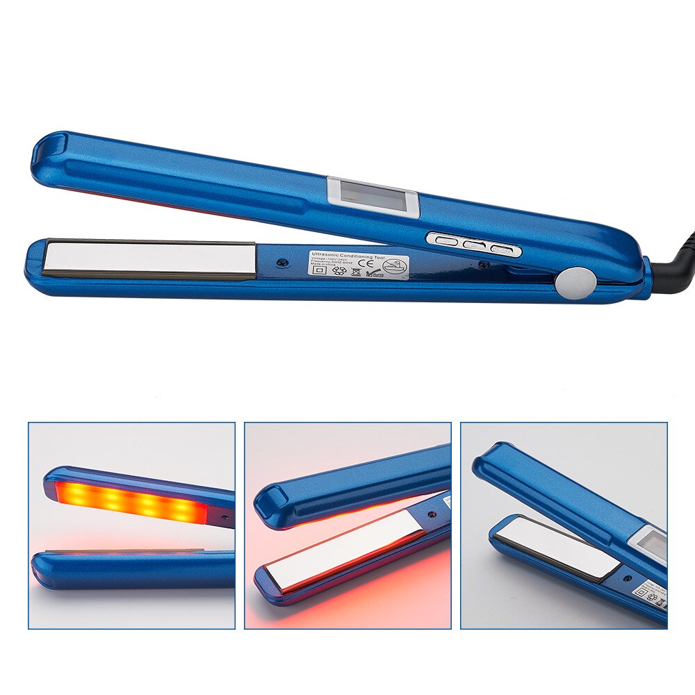 Hair Care Ultrasonic Infrared Hair Straightener Cold Flat Iron Hair Treament Styler Therapy Conditioning Tools: Blue / EU