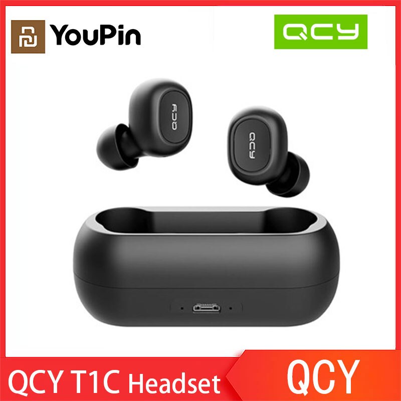 Newest YouPin QCY T1C TWS Earphones Bluetooth V5.0 Headset 3D Stereo Sports Wireless Earbuds with Dual Microphone Charging box: QCY  T1C  Black