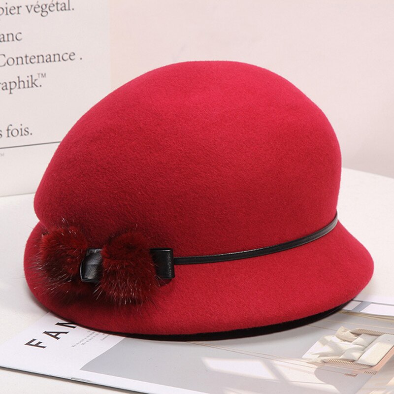 Mor dame efterår og vinter uldne cloche hatte kvinde fest formel top klasse 100%  uld filt hat hue  lm079: Rød