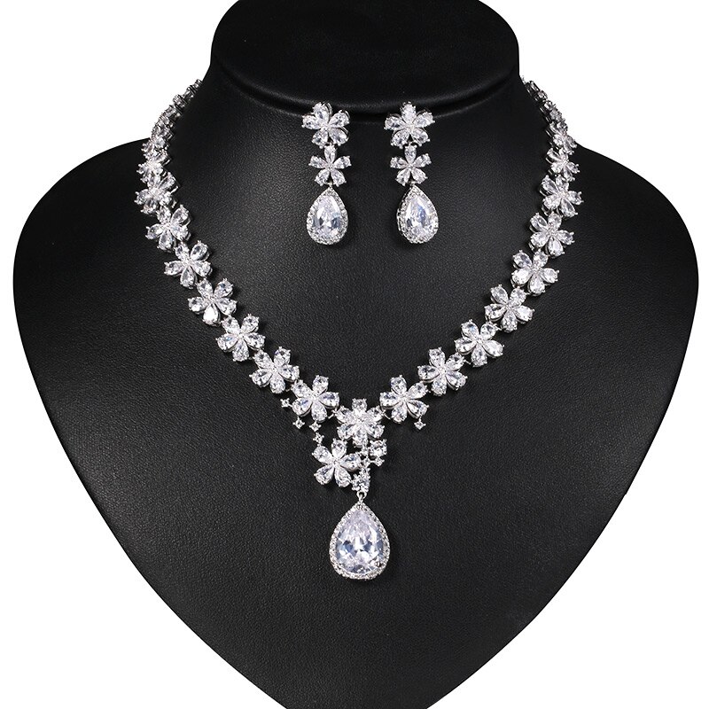 Flower Cubic Zirconia Crystal Necklace and Earrings Wedding Set Bridal Bridesmaid Jewelry