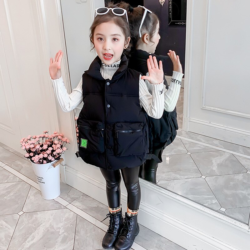 Chaqueta tipo chaleco para niñas, abrigo grueso con bolsillos grandes, chaleco acolchado de algodón informal para niños, cálido, sin mangas, chaquetas, ropa de 4 a 12 años
