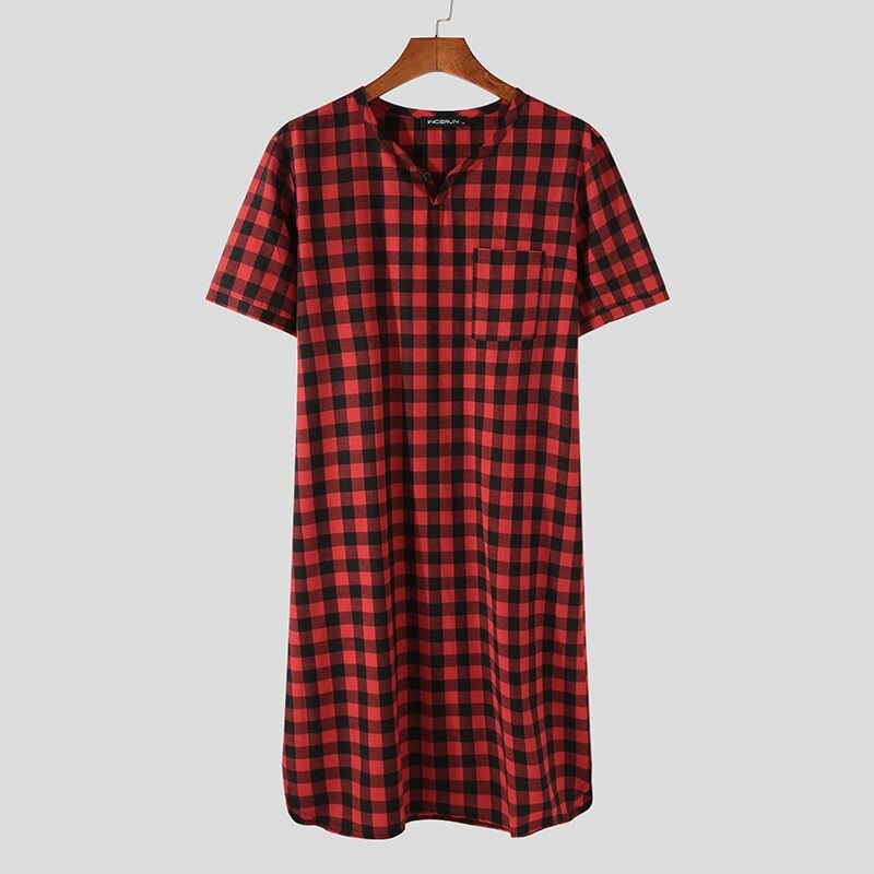 INCERUN Men Plaid Robes Homewear V Neck Short Sleeve Comfortable Leisure Nightgown Summer Soft Sleepwear Men Bathrobes S-5XL 7: Red / M