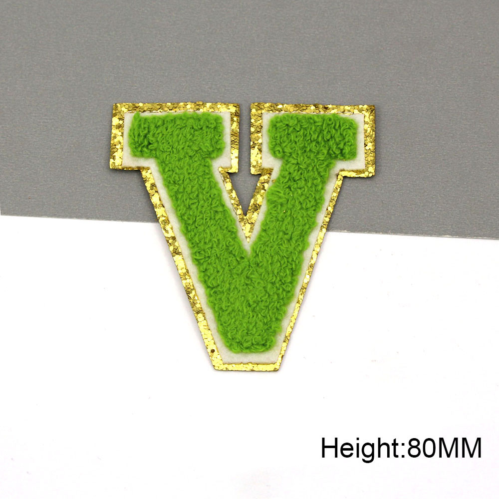 Parche bordado con letras verdes para ropa de niños, parche para planchar, bolsos, Jeans, apliques de chenilla, nombre DIY, 80MM: Morado