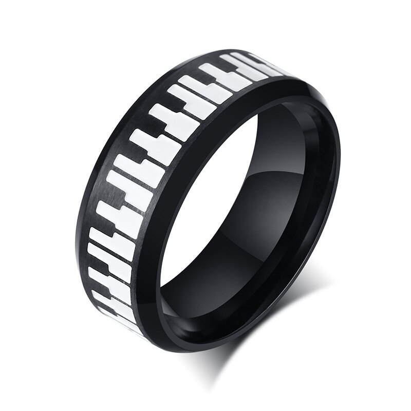 Unieke Toetsenbord Ring Voor Mannen Roestvrij Staal Muziek Piano Platte Profiel Twee Tone Ring: 8 / Black