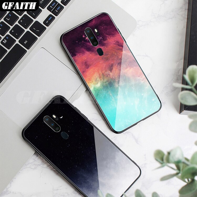 GFATIH Für OPPO A9 Fall Feder Print Starry Sky Gehärtetem Glas Telefon Fall Für Oppo A5 Abdeckung funda