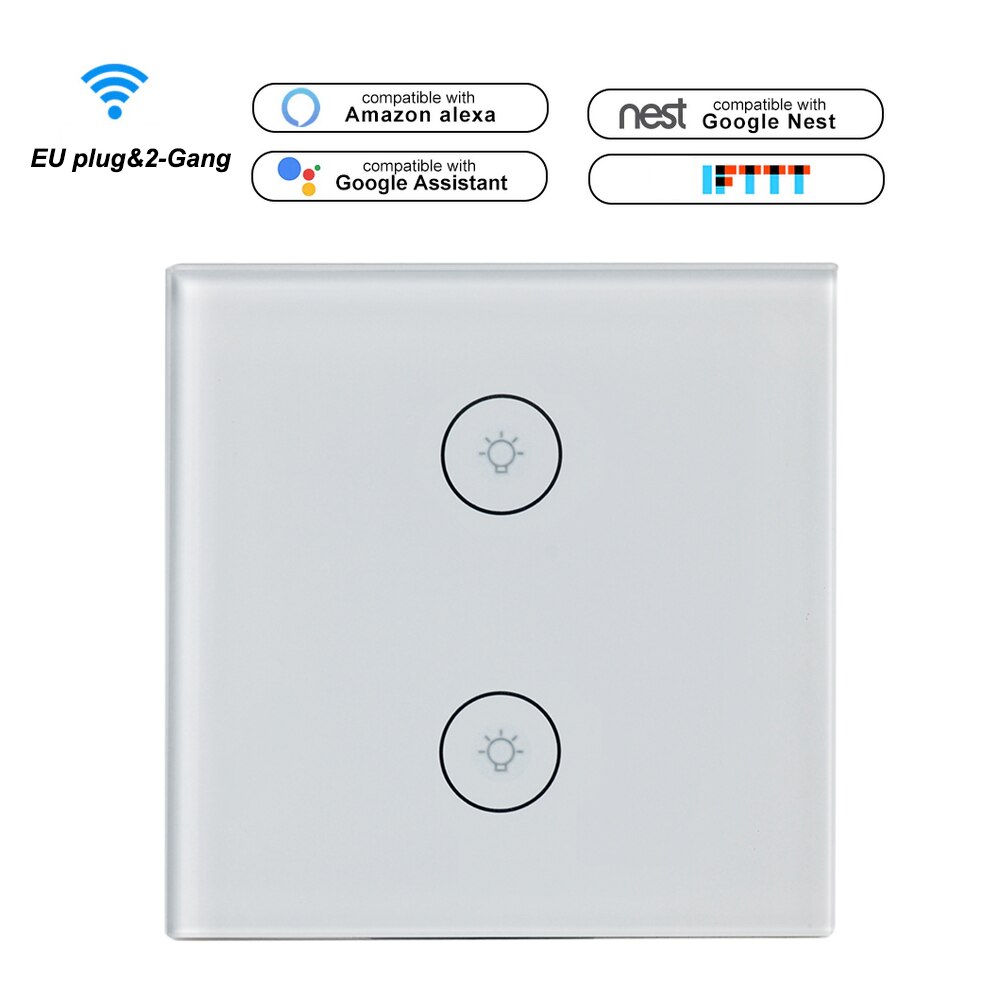 Voice Control Switch Smart Life Wi-Fi Switch Remote Control Touch Panel Control Voice Control Timing Fuction for Android iOS: White EU 2-Gang
