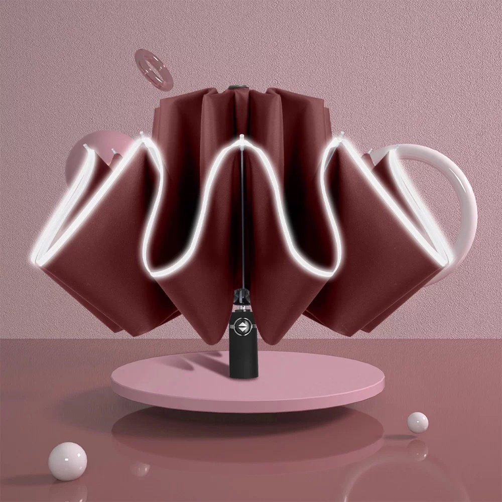 Umbrella Women's Automatic Umbrella Male LED Automatic With Reflective Stripe 3-Folding Inverted 10 Ribs UV Umbrellas: Automatic-red