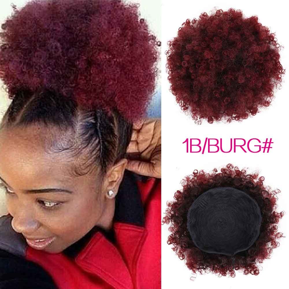 Perruque afro bouclée synthétique, queue-de-cheval, perruque afro courte crépue, pince à cheveux, chignon bouclé fait de Kanekalon: # 1B/BUG/ROUGE