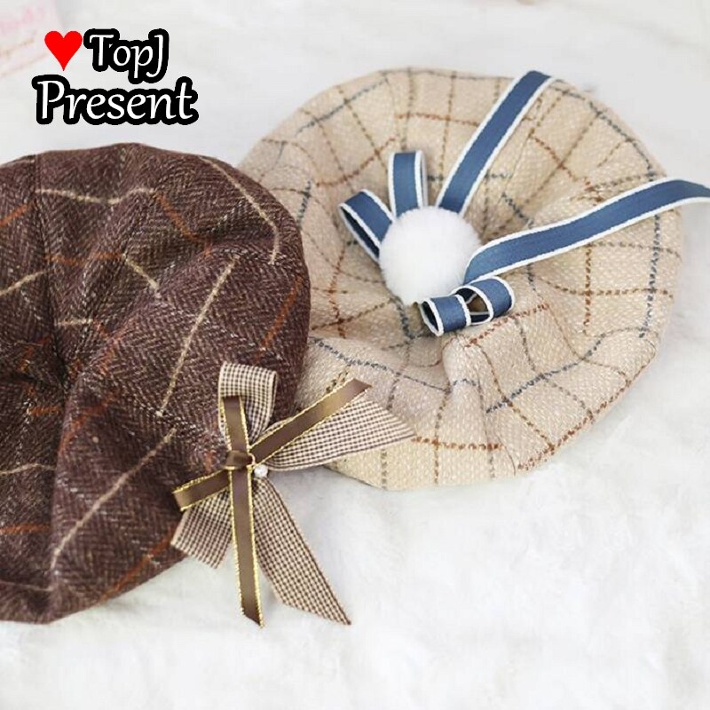 Japanse Zoete En Mooie Streep Check Achthoekige Cap Retro Lolita Baret Leuke Herfst En Winter Zacht Meisje Baret