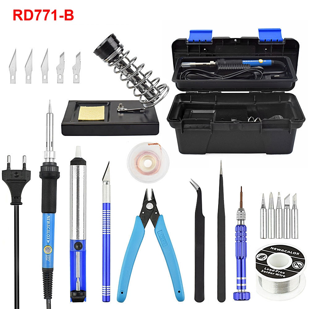 NEWACALOX Red EU/US 220V 60W Adjustable Temperature Electrical Soldering Iron Kit SMD Welding Repair Tool Set Tool Box 25pcs/lot