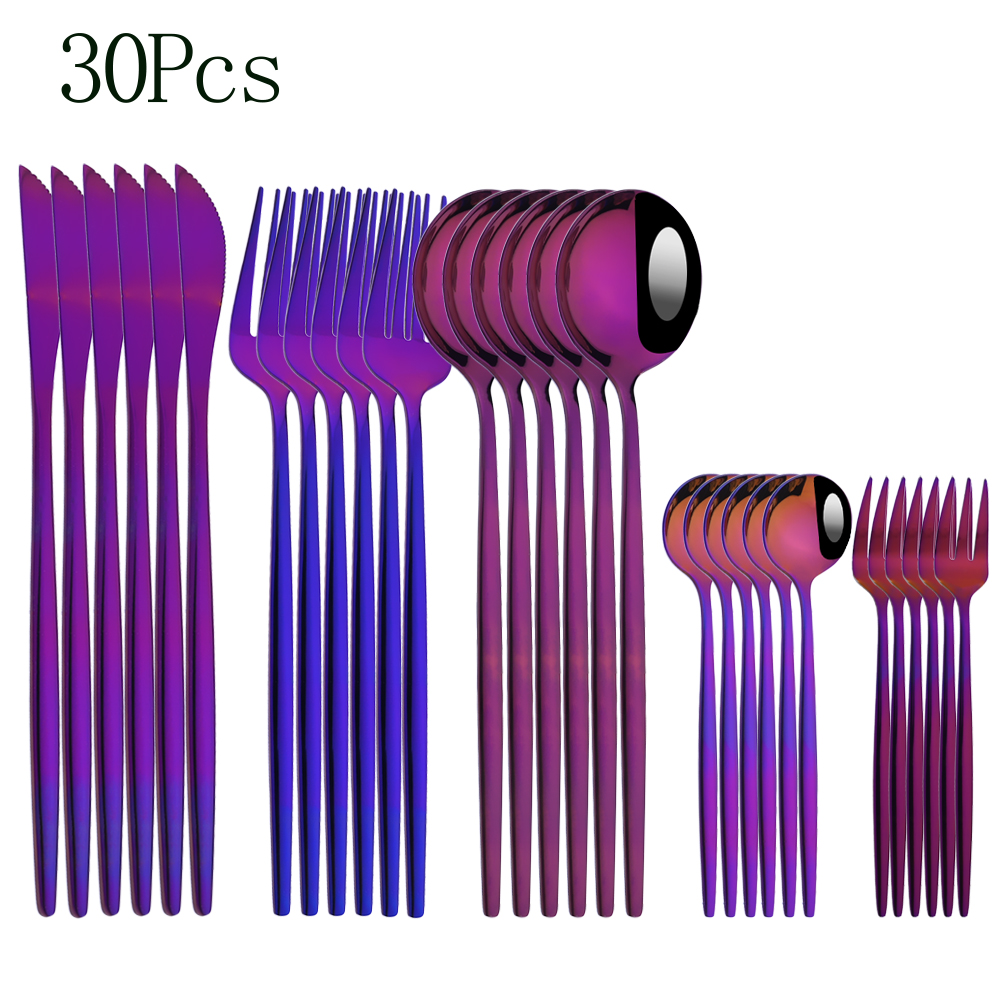 24pcs Cutlery Set Blue Silver Dinnerware Set Stainless Steel Silverware Knife Fork Spoon Tableware Flatware Set Dishwasher Safe: Purple