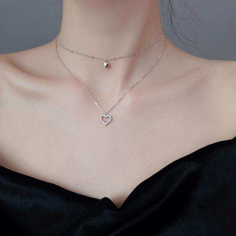 Double Layer Heart Pendant Necklaces For Women Trend Short Clavicle Chain 925 Sterling Silver Color Girls Jewelry SAN216